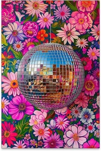Disco Ball with Colorful Flower Background Poster Retro Groovy Wall Art Vibrant - Picture 1 of 3