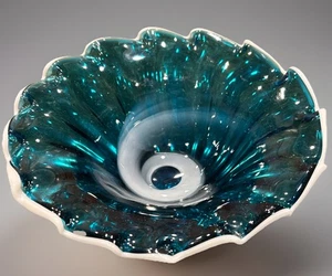 Hand blown Murano Vintage Art Blue Green White Swirl Ruffle Glass Bowl - Picture 1 of 12