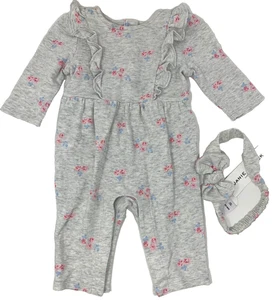 Pagliaccetto Janie and Jack bambina 0-3 mesi grigio rosa floreale con fascia fiocco - Foto 1 di 9