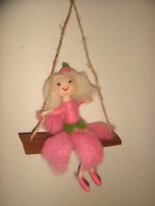 Pin Felt Needle Felted Hand Made Collectible OOAK Doll Pixie on Wooden Swing