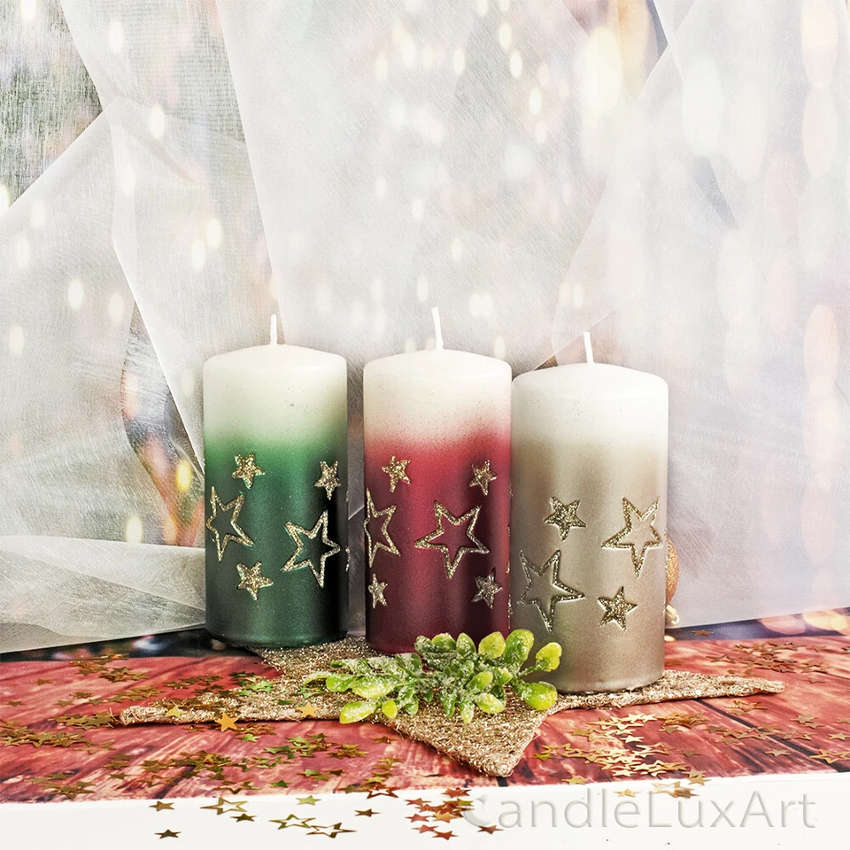 Stumpenkerzen Sterne Glitzer Metallic 3 Farben 7x14cm Weihnachten Advent Party - Bild 1 von 1