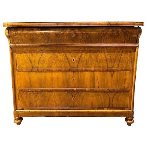 19th c German Biedermeier Chest with Secretary Desk Drawer in Burled Walnut Cover