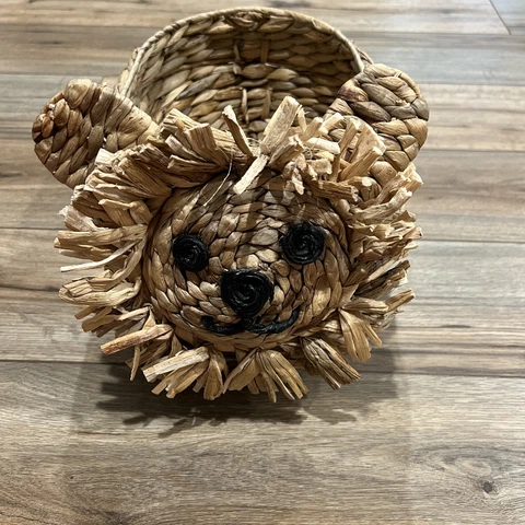 RARE Woven Wicker Basket Rattan LION Zoo Animal Boho Book Basket Cover