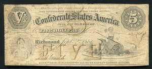 T-32 1861 $5 FIVE DOLLARS CSA CONFEDERATE STATES OF AMERICA RARE - Bild 1 von 2