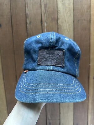 De colección Levi's Strauss Denim Cuero Parche Naranja Pestaña Camionero Correa Gorra Sombrero Foto 1 de 4