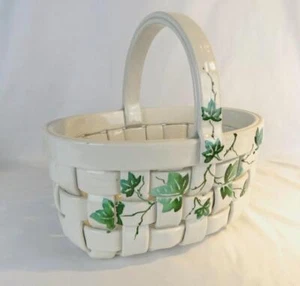 Ceramic Basket White Lattice Weave w/Handle Hand-painted Leaves in Italy Vintage - Picture 1 of 12