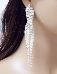 #E121T Pair Non-Pierced Clip On 12cm Long Tassel Crystal Wedding Party Earrings - Picture 1 of 6