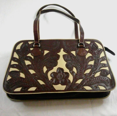 Leaders In Leather Tote.    100% Leather. Cream And Brown Floral Design. - Image 1 of 4
