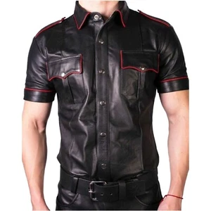 Men's Genuine Soft Lambskin Leather Shirt Half Sleeve Biker Black Slim Fit Shirt - Picture 1 of 2