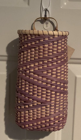 Handcrafted Hanging Woven Wall Pocket Basket  8.5”x 4.5” Lavender /tan,  Signed Cover