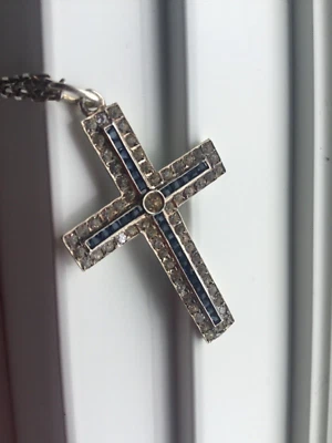 ANTIGUO COLLAR CRUZ PLATA ESTERLINA .925 ZAFIRO AZUL BLANCO ESTRÁS Foto 1 de 4