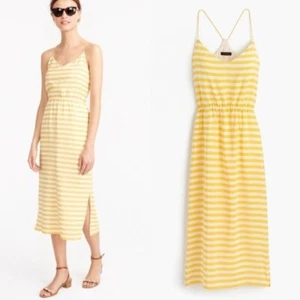 J.Crew Carrie Stripe 100% Silk Midi Dress in Brilliant Sunflower & White Size 00 - Picture 1 of 14
