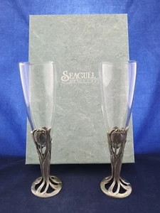 Seagull Pewter Champagne Flute Toast Glasses 1990 Tulip Flowers Set of 2 EXC BOX - Picture 1 of 13