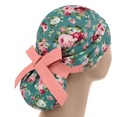 Scrub hats, nurse scrub cap, womens surgical hat, floral ponytail scrub cap - Image 1 of 3