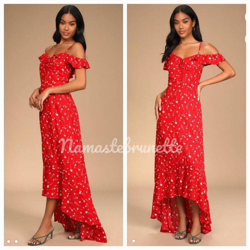 VALENTINO Maxi abito Lulu's Boho XS rosso floreale spalle scoperte nuovo con etichetta