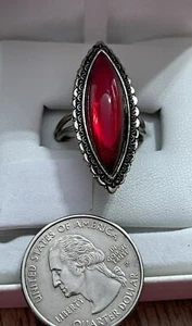Vintage Mid Century Ring rot Navette Glas Cabochon antik silberfarben filigran - Bild 1 von 14