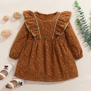 Sweet Classic Floral Long-Sleeve BROWN RUFFLED DRESS for Toddler / Girls - MELB - Picture 1 of 6