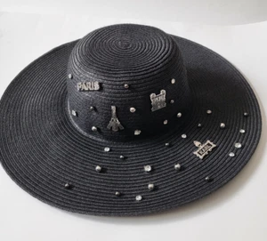 KARL LAGERFELD París ala ancha flojo sol sombrero firma logotipo empaquetable negro - Imagen 1 de 7