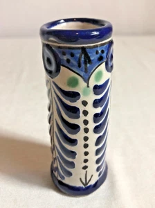 Vintage Artist Signed Mexican Pottery Bud Vase Hand Painted Blue 3-3/4" Tall - Picture 1 of 6