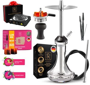 Shisha Set Komplett Glas Edelstahl Steckverschluss Kohleanzünder Kohle Steine - Bild 1 von 13