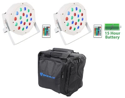 (2) Rockville BATTERY PAR 50 White Rechargeable LED DMX DJ Wash Up-Lights+Bag - Image 1 of 4