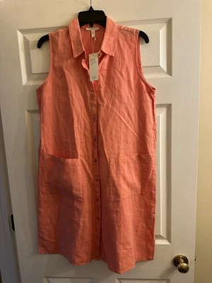 NWT EILEEN FISHER Guava Melon 100% Linen Button Front DRESS Small $228 - Image 1 of 4