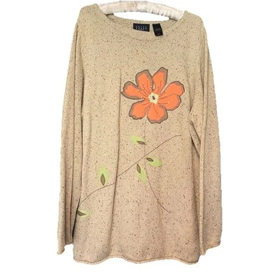 Crazy Horse Women’s 2XL Silk Blend Sweater Tan Orange Flower Embroidered Beaded - Image 1 of 4