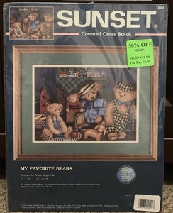 Vtg Sunset Cross Stitch Kit My Favorite Bears By Anna Krajewski 13669 Sealed USA - Picture 1 of 2