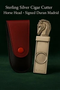 Tagliasigari vintage argento sterling testa di cavallo custodia in pelle firmato DURÁN Madrid - Foto 1 di 5