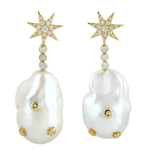 Bisel San Valentín Perla Natural Pendientes Colgantes 18k Oro Amarillo Diaman... - Imagen 1 de 6