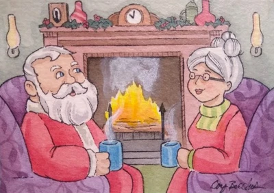 Original Watercolor Christmas ACEO, Santa and Mrs. Claus,  Fireplace, Cozy - Image 1 of 4