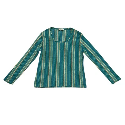 Vintage 70s Kmart Shirt Womens Size Large Long Sleeve Nylon Hippy Striped Green - Image 1 of 4