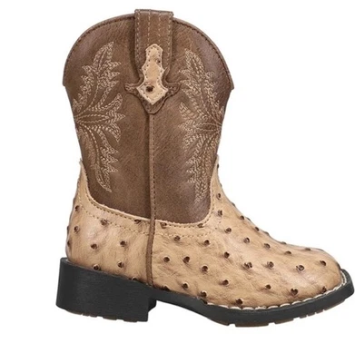 Roper Boys 8 Jed Faux Ostrich Print Embroidered Square Toe Cowboy Beige New - Image 1 of 4