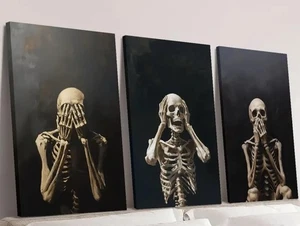 Lienzos impresos 3 piezas Escuchar no, ver no, no hablar esqueletos malvados Decoración de Halloween - Imagen 1 de 4
