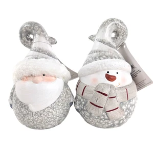 Evergreen Terrakotta Weihnachtsmann & Schneemann Crackle Effekt Tischdeko 2er Set - Bild 1 von 14