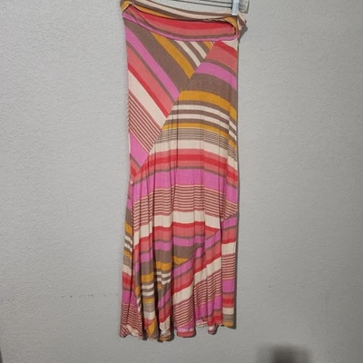 Multicolor Patchwork Striped Midi Skirt With Elastic Waistband Boho Style - Image 1 of 4
