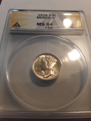 1916 Mercury Dime/ 10c ANACS MS-64 FSB Bright Silver. - Image 1 of 2