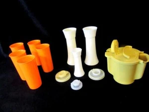 Vintage Tupperware! 13pc ORANGE Tumblers-Salt & Pepper SHAKERS/Lids-SUGAR Bowl - Picture 1 of 12
