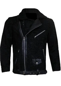 Men's Black Real Persian Lamb Fur Karakul Fur Astrakhan Fur Biker Jacket /Coat - Picture 1 of 9
