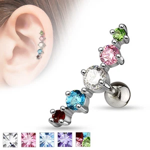 Journey Curve 5 CZ Surgical Steel Helix Tragus Cartilage Barbell Stud Earring - Picture 1 of 11