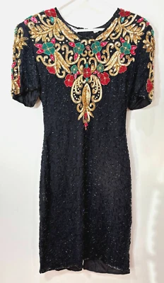 VTG Scala Black Red Gold Sequin Dress sz S Silk Floral 80s Cocktail Wedding NWT  - Image 1 of 4