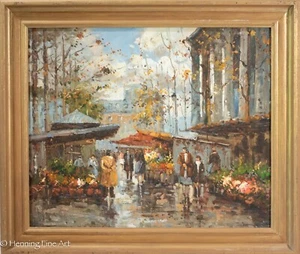 Beautiful Impressionist Oil Painting Paris Street Scene Flower Sellers, Signed - Picture 1 of 9