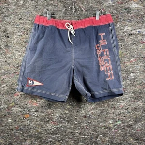 Tommy Hilfiger Mens Swim Trunks Size XL Shorts Spell Out Lined Blue US.085 Flag - Picture 1 of 13