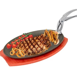 Gusseisen Steak Brutzeln Brutzeln Servierplatte Teller Schale Holzsockel groß - Bild 1 von 7