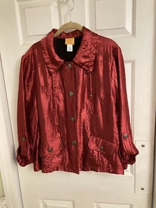 Size 16 Ruby Rd Blazer Red Sheen Crinkle Long Sleeve Pockets - Picture 1 of 5