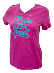 Nike Girls V Neck 100% Cotton Graphic Tee T Shirt Top "Make Em Sweat" Pink, XL - Picture 1 of 3
