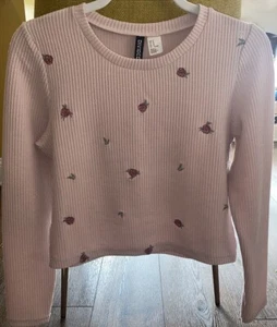H&M Divided Long Sleeve Blush Pink Ribbed Crop Top Rose Patchwork Women M - Picture 1 of 9