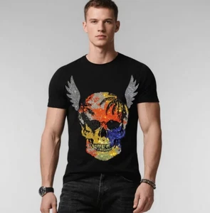 T-Shirt Uomo Lusso Teschio Strass Moda Diamante Nera Nuova Alta Qualità - Foto 1 di 15