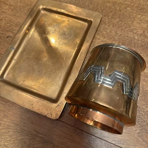 2 Pc MCM Mexico Copper Silver Tone With Patina Sugar Pot With Lid And Tray - Picture 1 of 24