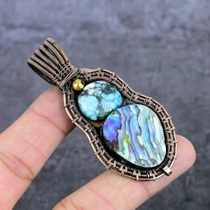Natural Abalone Shell, Turquoise Copper Wire Wrap Jewelry Pendant 2.96" Gift B06 - Picture 1 of 9